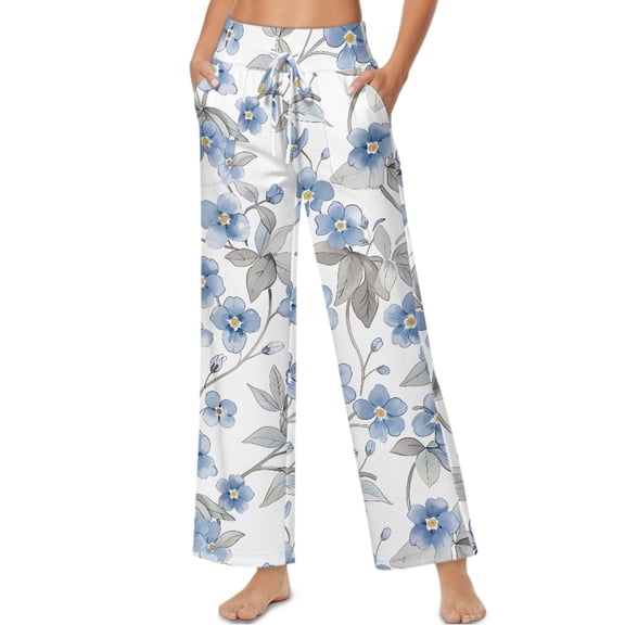 SCRAWLGOD Floral Print Blue White Women Flowy Pants Drawstring High Waist Wide Leg Palazzo Pants Loose Fit Lightweight Trendy Lounge Trousers with Pockets, S