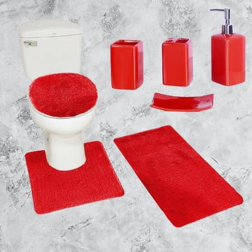 WJSP 7 Piece Bathroom Set Red w 2 Non Slip Mats Lid Cover Ceramic Accessory for Bathtub Contour Rug