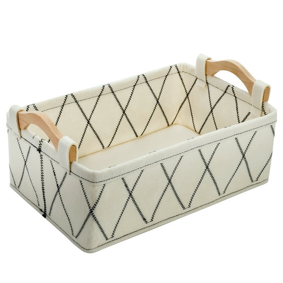 KWLET Felt Storage Basket White Home Organizing Baskets With Wooden Handles 13 x 8.9 x 4.5 inch