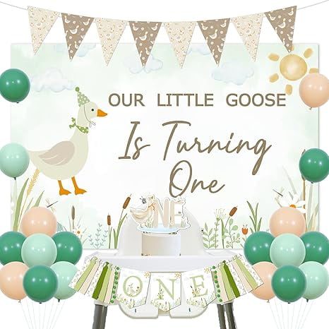 One Silly Goose 1st Birthday Decorations - Farm Animal Themed Backdrop, Duck Floral Banner, Farm Duck Cupcake Topper, Latex Balloons for Kids Boys Girls First Birthday Supplies (Green)