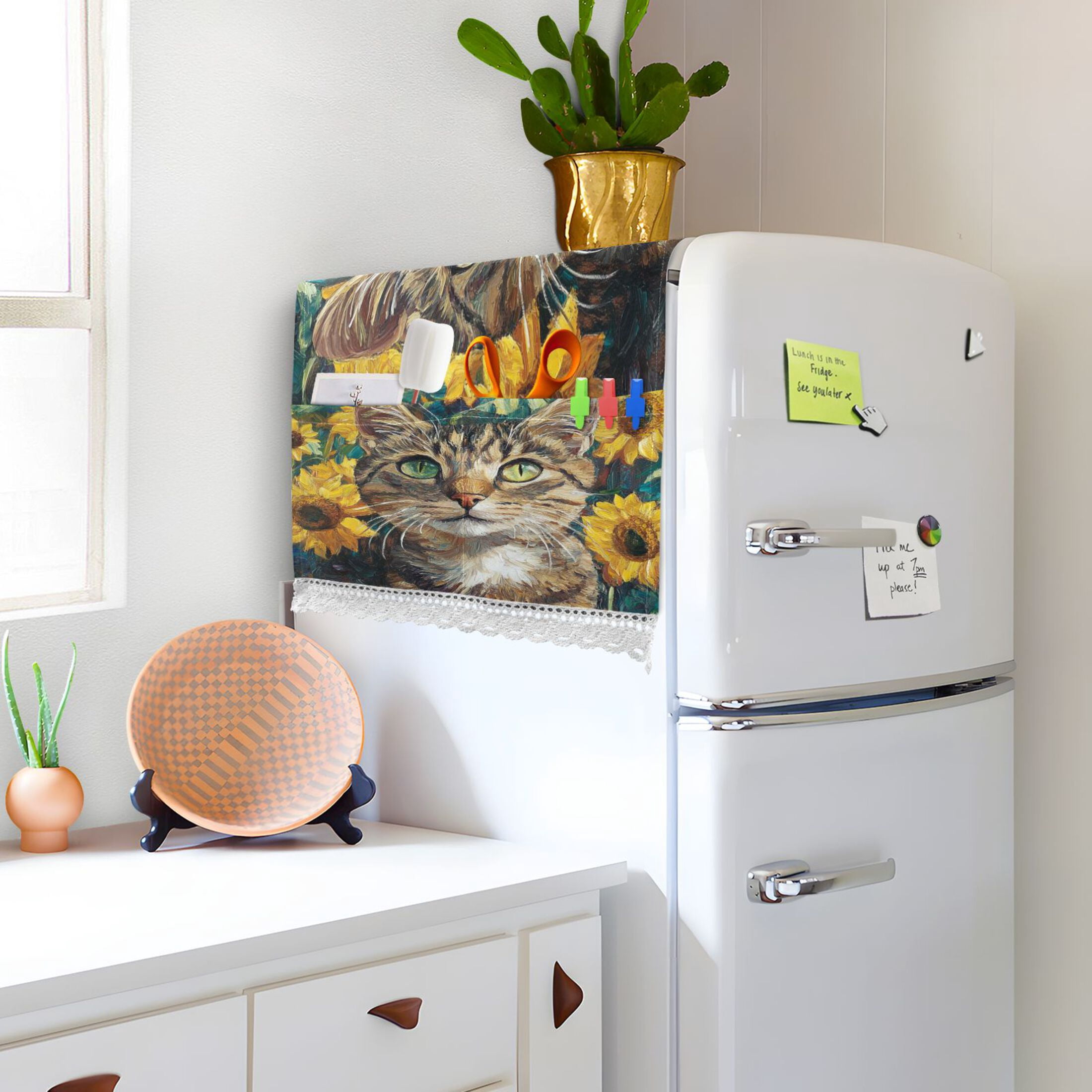 Cat Oil PaintingWasher and Dryer Covers Dust-Proof and Oil Resistant Fridge Cover with 4 Storage Pockets Washing Machine Top Cover for Laundry Kitchen Home 51.2 x 22 In