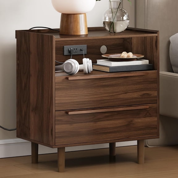 26" Tall Walnut Nightstand with Charging Station, 2 Drawer Bedside Table with Tray Top, USB & Type-C Ports, AC Outlets, and Open Shelf for Bedroom or Living Room