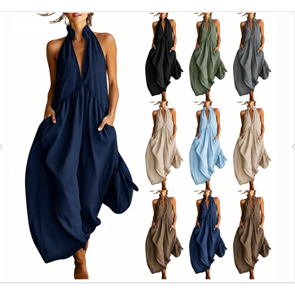 Women's Cotton Halter Deep V‑Neck Wide‑Leg Jumpsuit Sleeveless Loose‑Fit Casual One‑Piece Pants with Side Pockets Navy XL(XL)