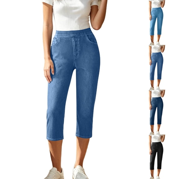 VBVC Women's High Waisted Pull On Denim Capri Pants , Summer Stretch Cropped Jean Pants For Women , Ladies' Slim Fit Trousers with Pockets,Black,S-2XL