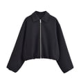 thumbnail image 2 of Women's Lapel Pocket Zipper Hooded Jacket Long Sleeve Solid Color Casual Outerwear Coat Blazer Fashionable Fall Winter Windbreaker | CSEONE,Black L, 2 of 8