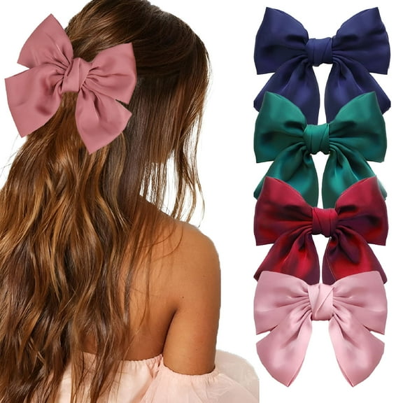 VANIDO 4PCS Women Hair Barrettes, Big Bow Hair Clips, 8 Inch Soft Silk Bowknot Hair Ribbon, Bow Hair Ties for Girls