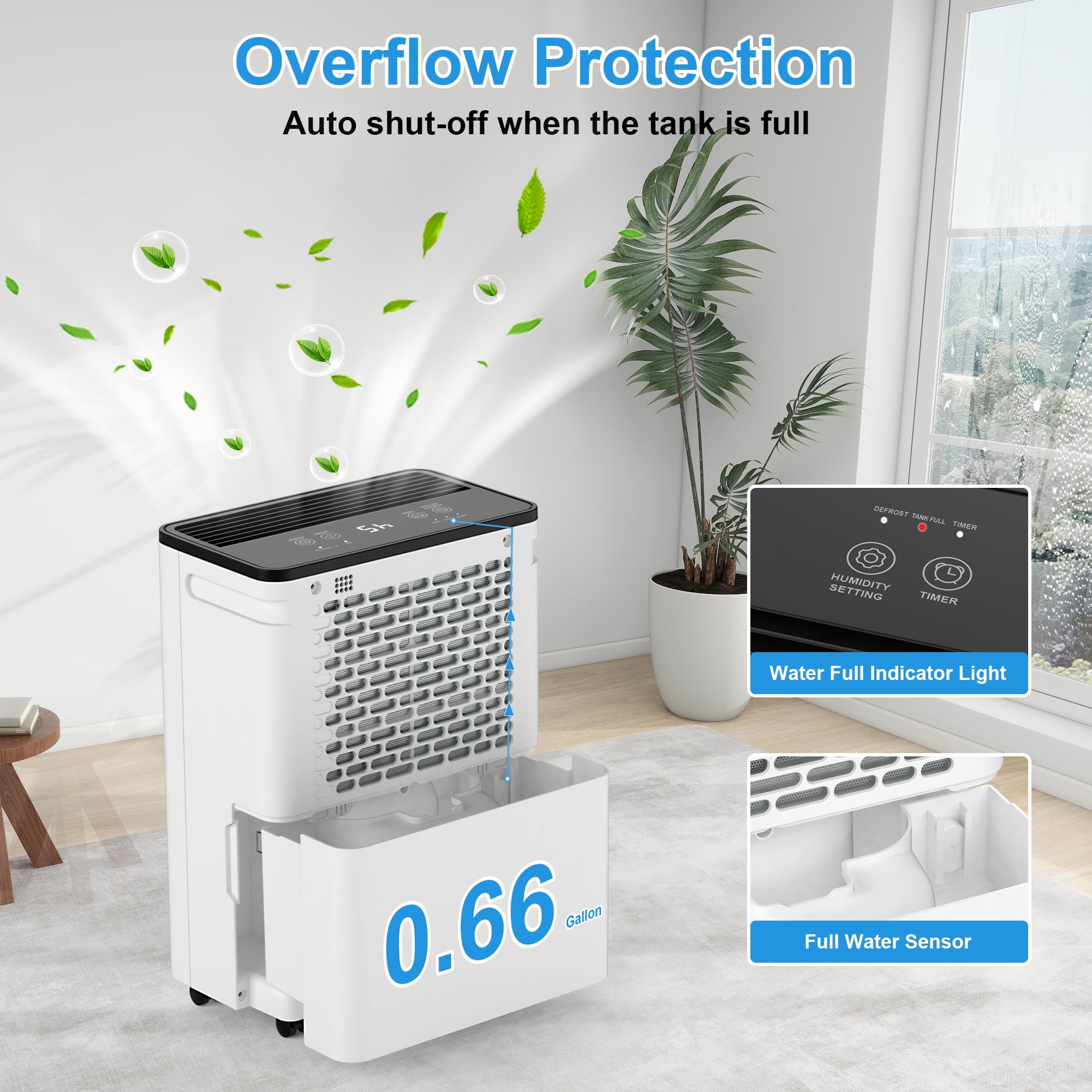 AIRFIRE Dehumidifier, 19 Pint (DOE) Dehumidifier with Drain Hose, Max 2500 Sq.Ft Dehumidifiers for Home Basement, 0.66 Gal Water Tank, Overflow Protection, Auto Defrost& Drain, Humidity Indicator