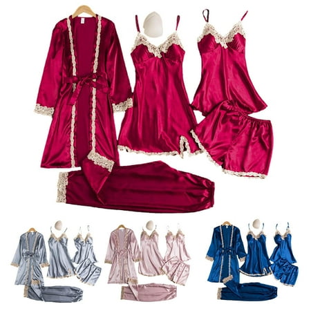 

5PCS Satin Pyjama Lingerie Sets with Floral Lace Women Sleepwear