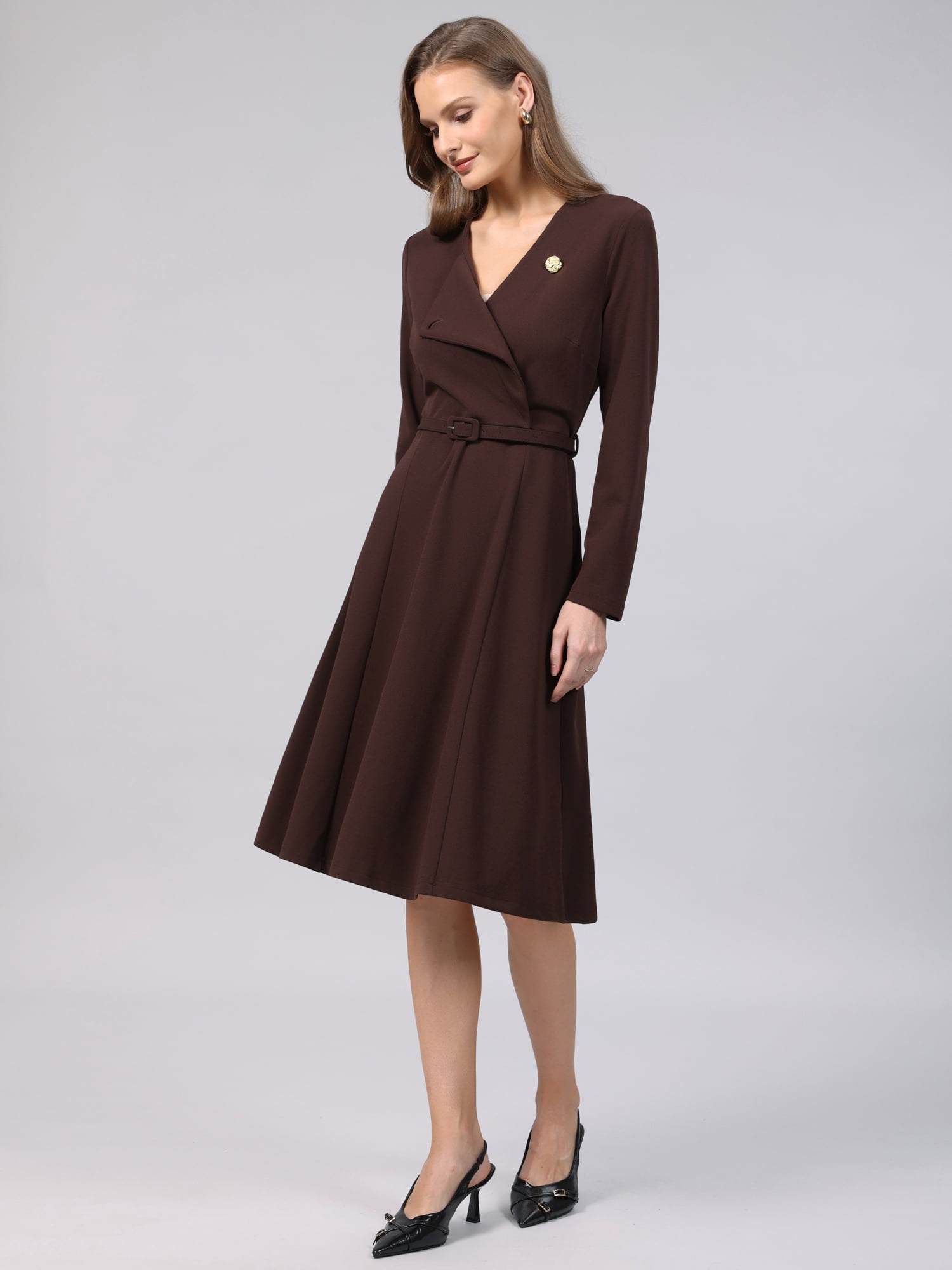 DARING DIVA Women's A-Line Work Lapel V Neck Long Sleeve Flare Dress L Dark Brown