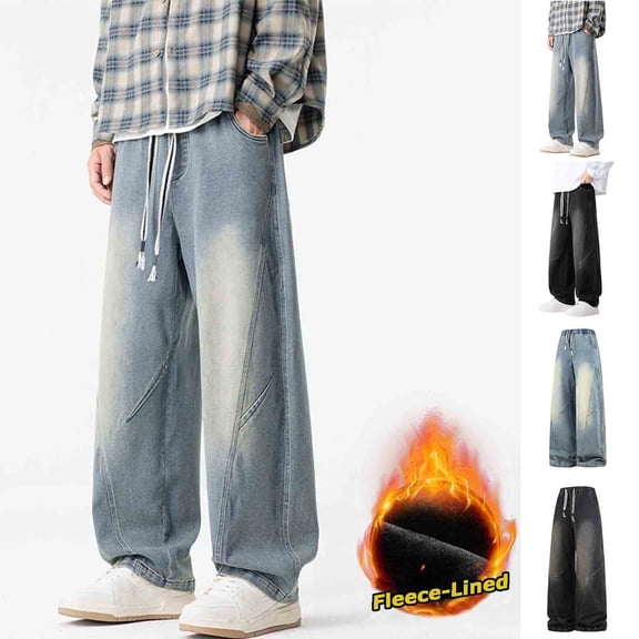 FRSASU Men's Winter Jeans Wide Leg Straight Denim Banana Pants Fleece Lined Trendy Winter Bending Big Loose Blue