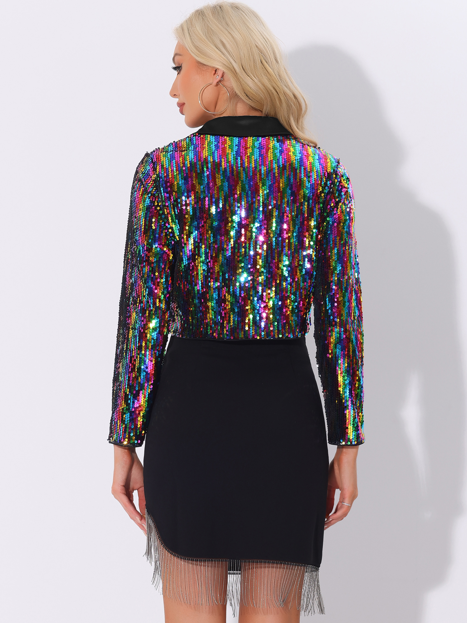 DARING DIVA Women's Lapel Collar Open Front Crop Sparkle Blazer Cardigan M Multicolor