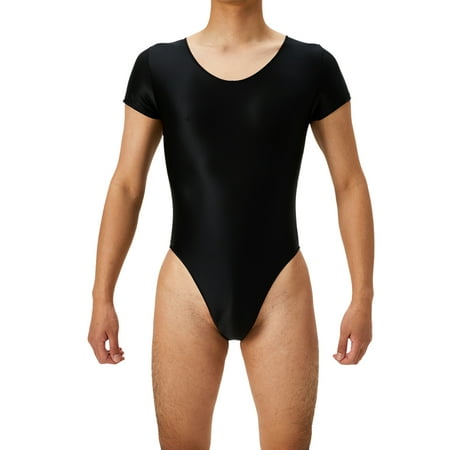 YIZYIF Mens Glossy High Cut Bodysuit Ballet Gymnastics Fitness Sportswear Tight Oil Short Sleeve Thong Leotard Black XL