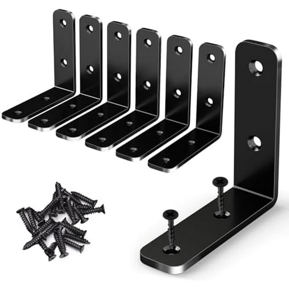 L Bracket Corner Brace, 6Pcs 65x65mm Joint Right Angle Brackets Heavy Duty Stainless Steel 90 Degree Bracket Fastener for Wood Shelves Chair Tables Dressers Furniture with Screws, Black