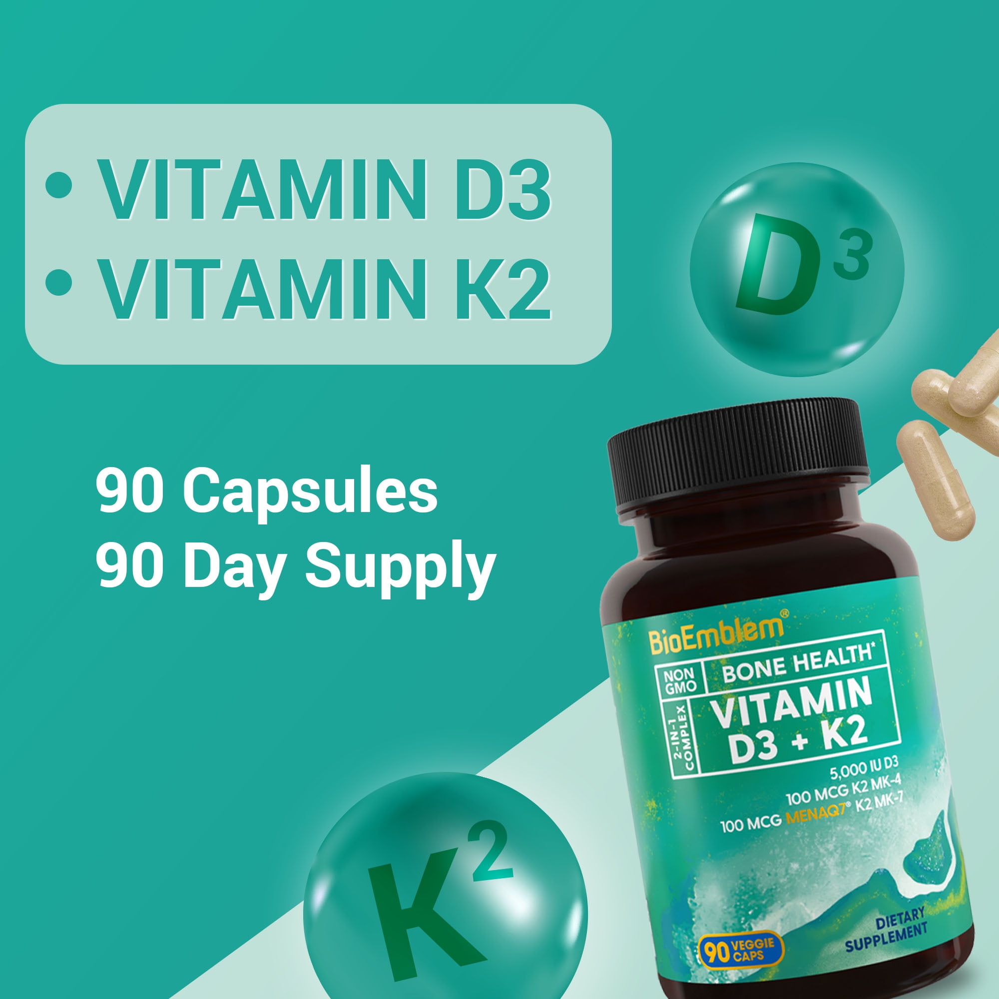 BioEmblem Vitamin D3 K2 5000IU with Patented MK7/MK4, 3-in-1 Support for Bones, Heart & Immunity