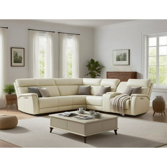 117" Leather Reclining Sectional, 3 Power Recliners,Adjustable Lumbar Support & Headrest,Dual Storage Console