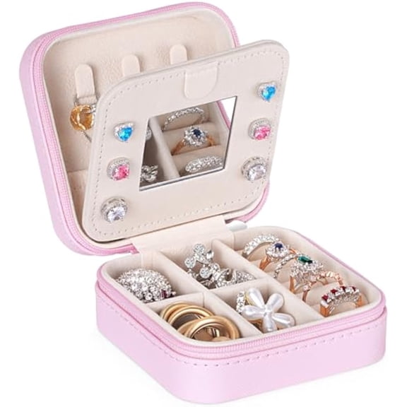 Lifewit Travel Jewelry Organizer Case with Mirror, Compact Jewelry Box for Women and Girls, Ideal Gift for Her, Portable Jewelry Storage for Beach and Travel Essentials -Light Pink