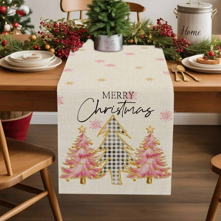 Merry Christmas Tree on Retro Linen Table Runner 13x48in Non-Slip Cotton Linen Table Runners Beige Pink Dresser Scarves TableRunner for Dinner Kitchen Dining Wedding Party