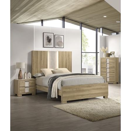 Contemporary Natural Wood Finish 3pc LED Light Queen Bed Chest Nightstand Set