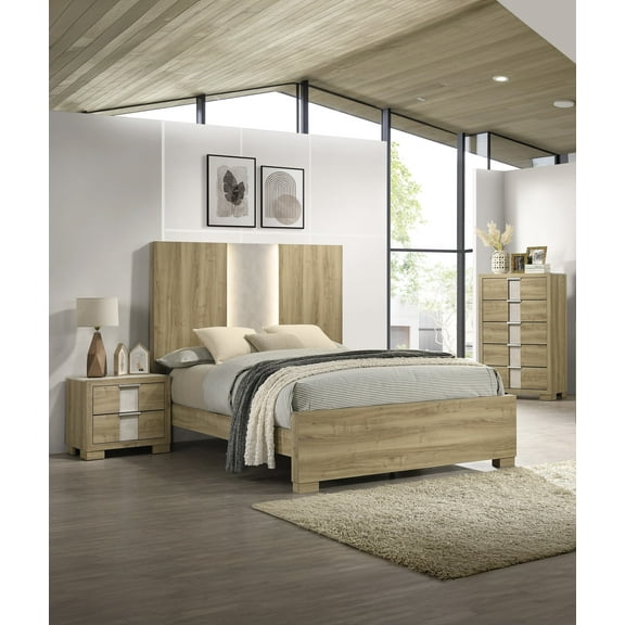 Contemporary Natural Wood Finish 3pc LED Light Queen Bed Chest Nightstand Set