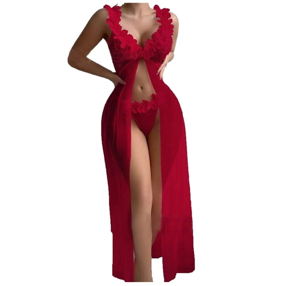 Levmjia Women's Lace Camisole Nightgown Set Sheer Mesh Sleeveless Nightie with Slit Comfortable Sleepwear for Women Lingerie Homewear