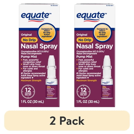 (2 pack) Equate Original No Drip Nasal Spray Oxymetazoline HCl 0.05% Nasal Decongestant, Maximum Strength, 12 Hour, 1 fl oz, Compare to Afrin® No Drip Active Ingredient