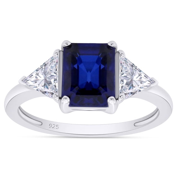 AFFY Emerald Cut Blue Sapphire & Trillion White Topaz Ring for Women 14K White Gold over Silver-4