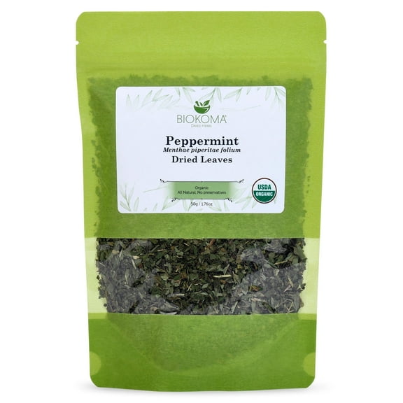 Biokoma Pure and Organic Peppermint Dried Leaves 50g (1.76oz) In Resealable Moisture Proof Pouch, USDA Certified Organic - Herbal Tea, No Additives, No Preservatives, No GMO, Kosher