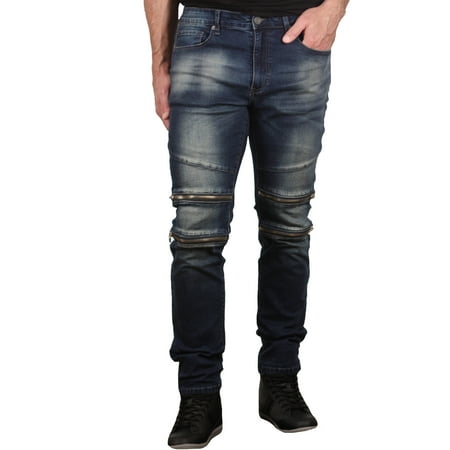 Jordan Craig Moto Zippered Men's Casual Fashion Denim Jeans Dark Blue jm3079-dark (Best Jeans With Jordans)
