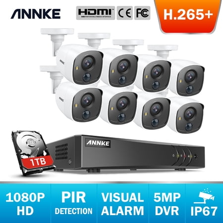 ANNKE CCTV Camera System 16 Channel 5-in-1 H.265+ DVR and 8×1080P HD Weatherproof Cameras, PIR Detection, White Light Alarm, Email Alert with Snapshots,1TB Hard Drive