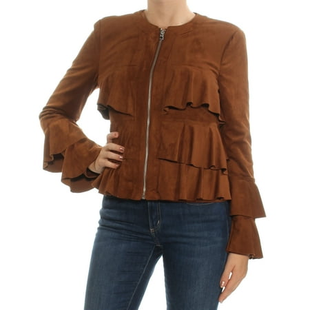 - INC Womens Brown Ruffled Zip Up Jacket Size: M