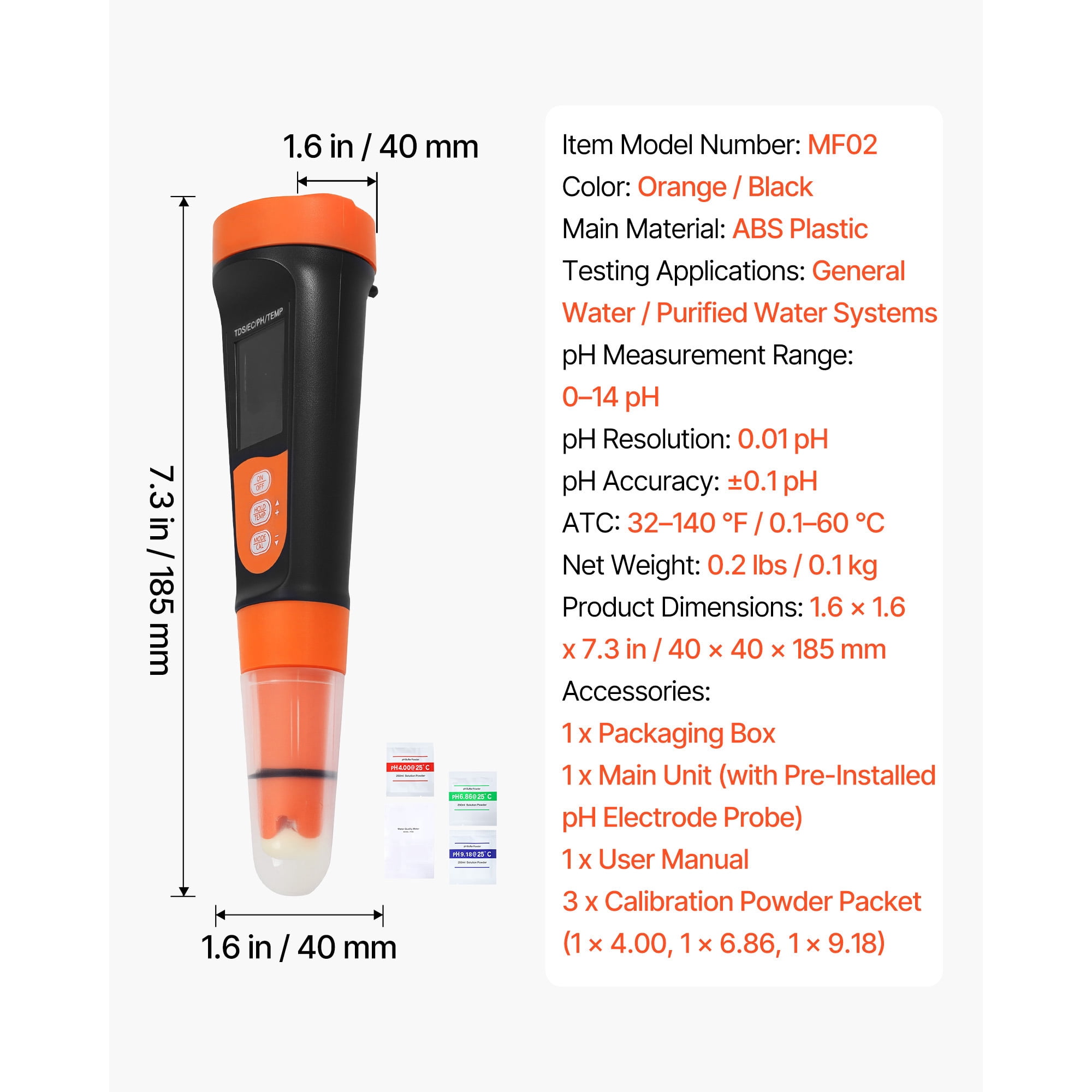 KFFKFF Portable pH Meter with Multi-Parameter Measurement, Accurate pH/EC/TDS Testing, Waterproof IP68 Probe, Compact Tester Kit with Calibration Powders, VA Display, Ideal for Water Quality Analysis