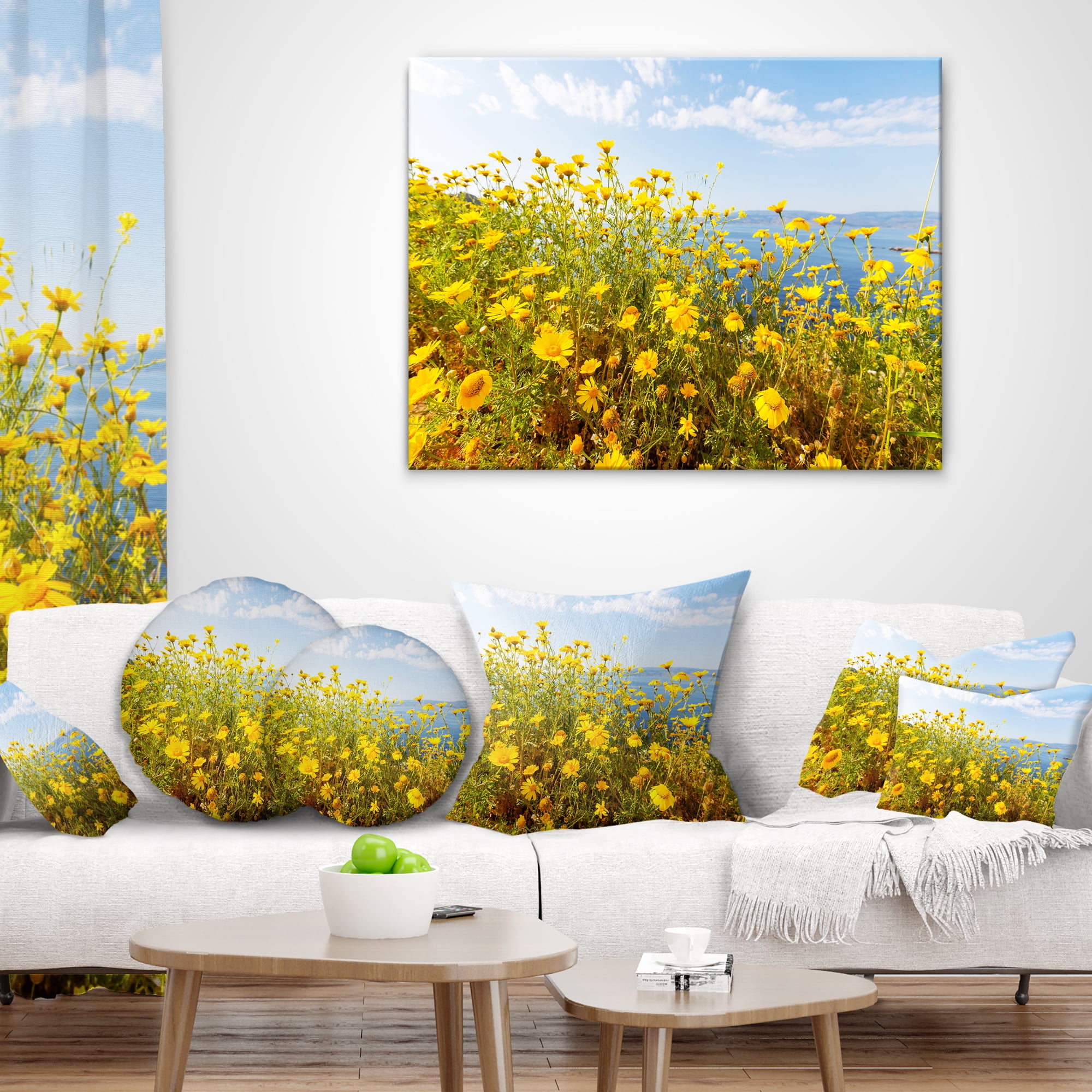 Designart Little Yellow Flowers over Seashore - Flower Throw Pillow - 12x20