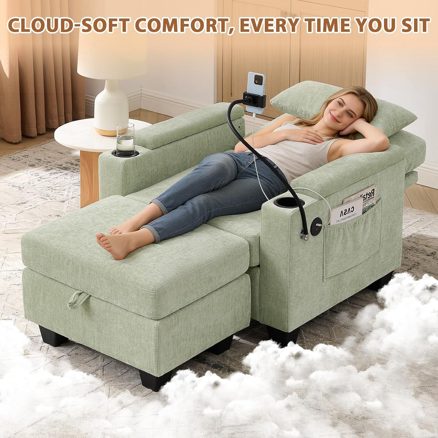MOONMISS Oversized Chaise Lounge Chair Indoor, Single Convertible Recliner Reading Arm Sofa Chair W/Adjustable Backrest & Charging Port Couch Bed for Living Room, Home Theater & Bedroom,Green