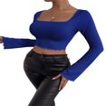 thumbnail image 4 of Women Solid Color Ribbed Square Neck Lettuce Hem Show Navel T-Shirts Spring Autumn Flare Long Sleeve Slim Crop Tops Black M, 4 of 6