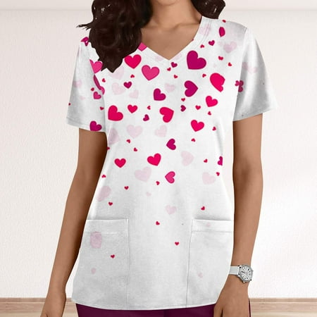 

Valentines Day Gifts for Her UHEOUN Womens Tops Valentines Scrubs for Women Fashion Women s V-Neck Casual Short Sleeve Printed Pocketss Ladies Tops Blouse with Pocketss End of Year Clearance