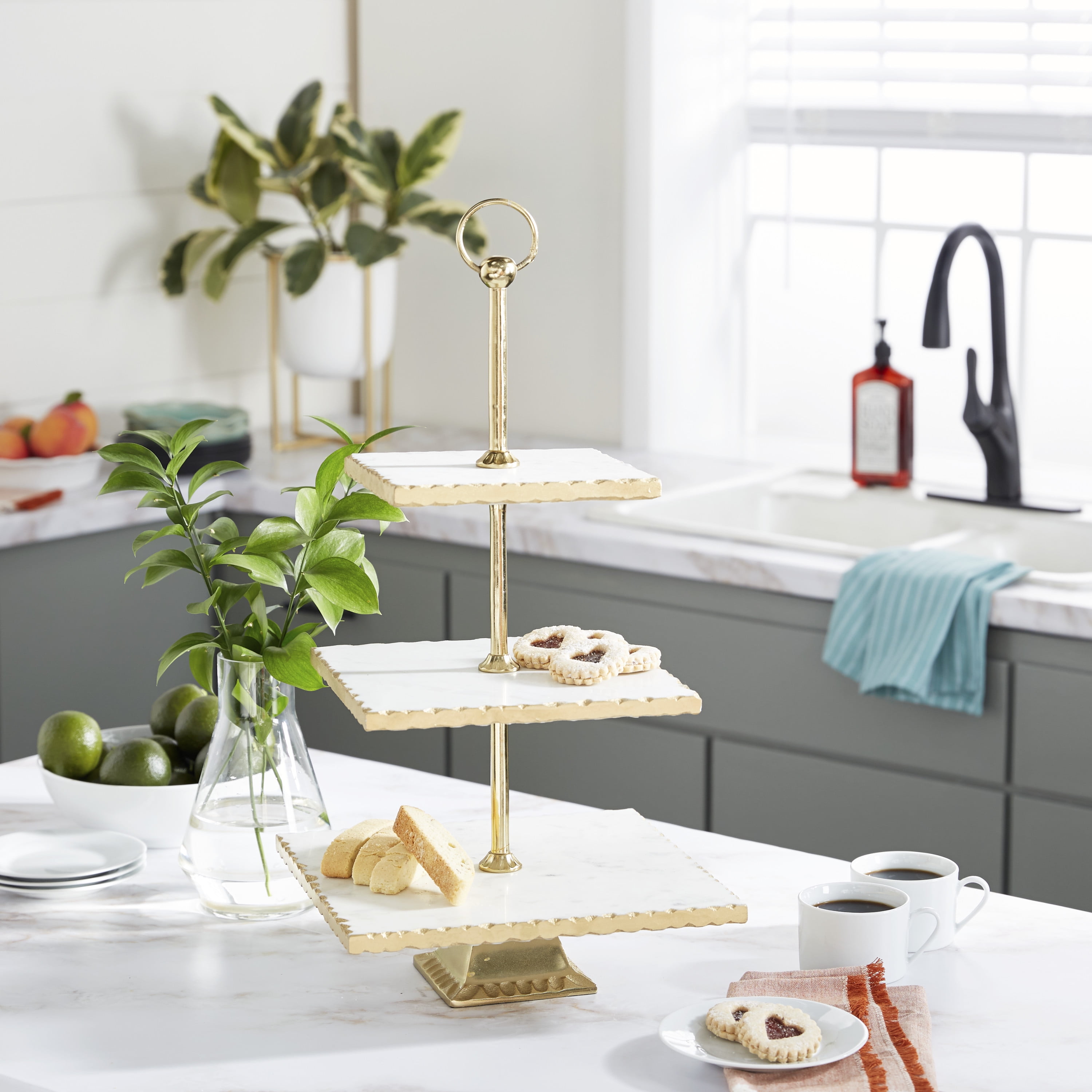 Decmode Square 3Tier Gold Aluminum And White Marble Tray Stand, 12" X