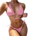thumbnail image 2 of Neinkie Halter Adjustable Lace-up Ribbed Sexy Bikini Solid Color Bra High Waist Thong Swimwear for Swimming Pool, 2 of 7