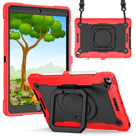 Case For Apple iPad 9th Gen 10.2 inch (2021) Hybrid Armor 3in1 with 360 Degree Rotating Kickstand & Shoulder Strap Shockproof Tablet Cover [ Red / Black ]