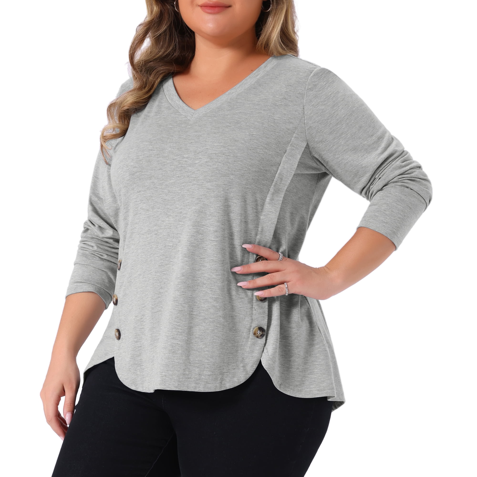 DARING DIVA Women's Plus Size Long Sleeve Button Side Swing Blouses 2X Gray