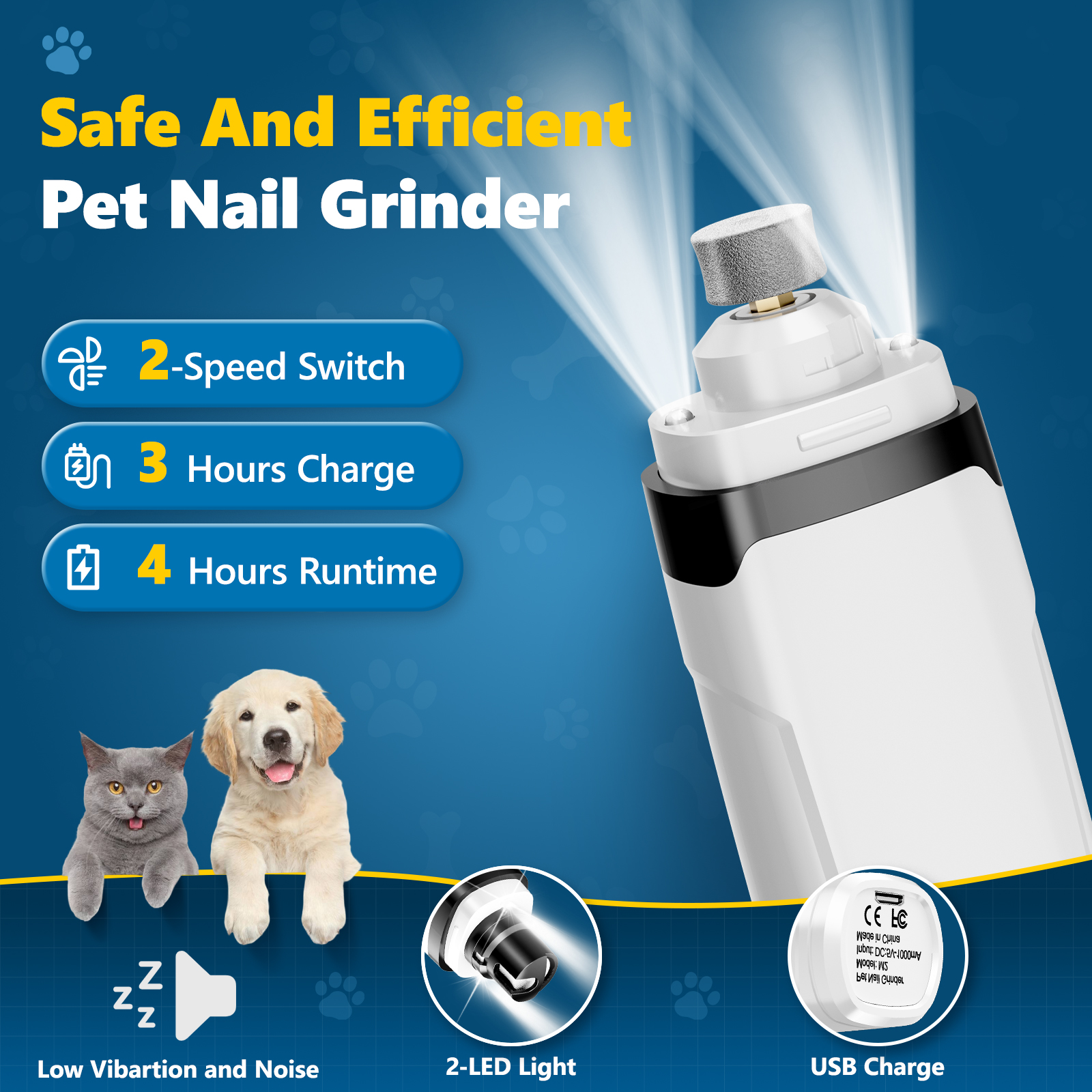 BEBANG Dog Nail Grinder, 2-Speed Electric with LED Lights photo 2