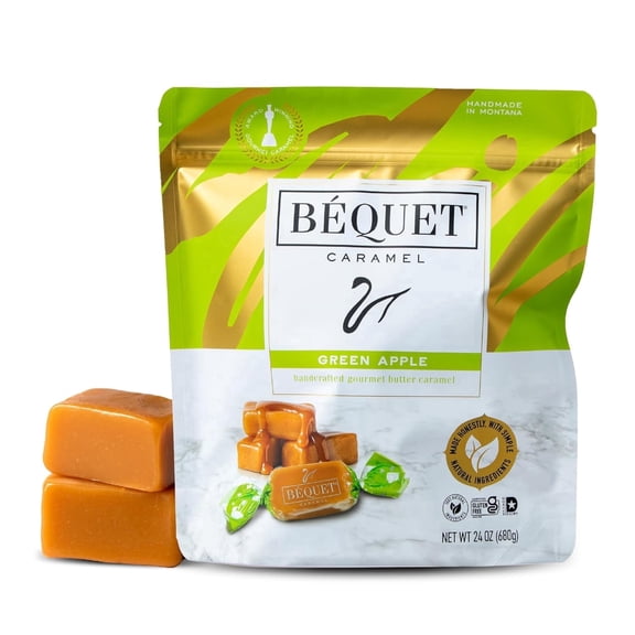 Béquet Caramel - Green Apple Caramel Candy - Gourmet Caramel Candy - Caramel Candy Individually Wrapped - Made in Montana - Kosher (Star D) and Gluten Free - 24oz Resealable Pouch