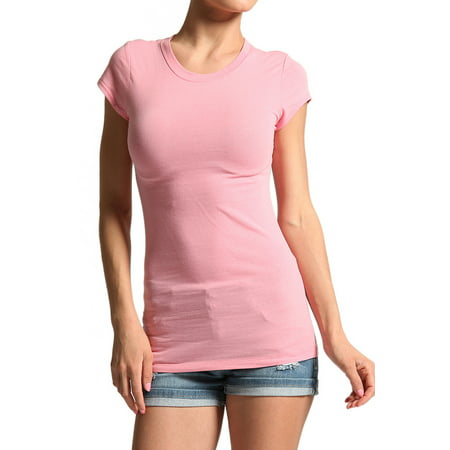 TheMogan Junior's Petite Basic Short Sleeve Crew Neck T-Shirts Stretch Fitted Long (Best Way To Remove Red Wine Stain)