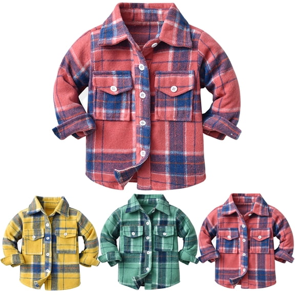 safuny Toddler Flannel Shirt Jacket Long Sleeve Lapel Shacket Kids Boys Girls Fall Tops Pocket Button Childs Clothes Playwear Long Sleeve Plaid Jacket Green 18-24 M