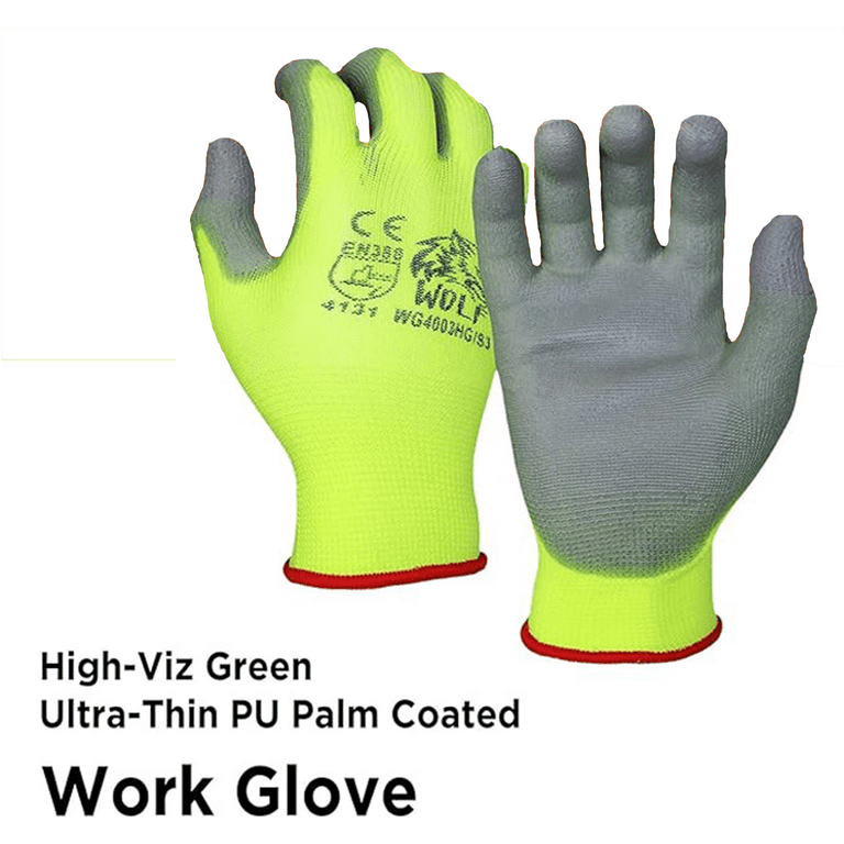 4 Pair Pack - WOLF WG4003HGS4 High-Viz Green Ultra-Thin Flexible Grip  13-gauge Polyurethane Palm Coated Nylon Shell Work Glove - Small - Hartmann  Variety