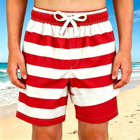 Boys New Summer Stripe Print Swim Trunks Drawstring Casual Beach Shorts Size 2-3Y