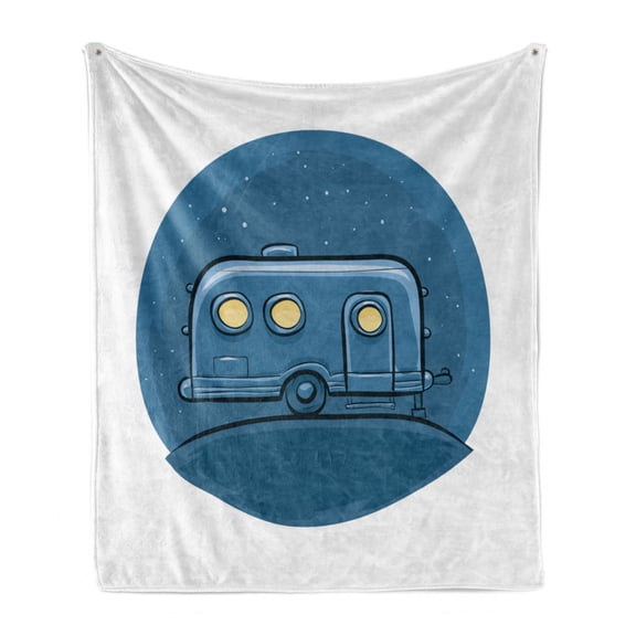 RV Soft Flannel Fleece Blanket, Cartoon Trailer at Night Tranquil Starry Sky Background Doodle Happy Camping Theme, Cozy Plush for Indoor and Outdoor Use, 50" x 70", Blue and White, by Ambesonne