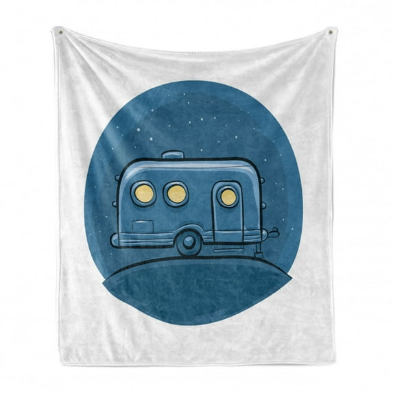 RV Soft Flannel Fleece Blanket, Cartoon Trailer at Night Tranquil Starry Sky Background Doodle Happy Camping Theme, Cozy Plush for Indoor and Outdoor Use, 70" x 90", Blue and White, by Ambesonne