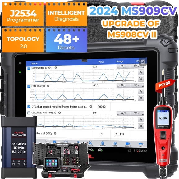 Autel Scanner MaxiSys MS909CV Heavy Duty Truck Intelligent Diagnostic Scan Tool Tool Topology 2.0,ADAS, J2534 , 53 Services, Active Test Updated of MS908CV