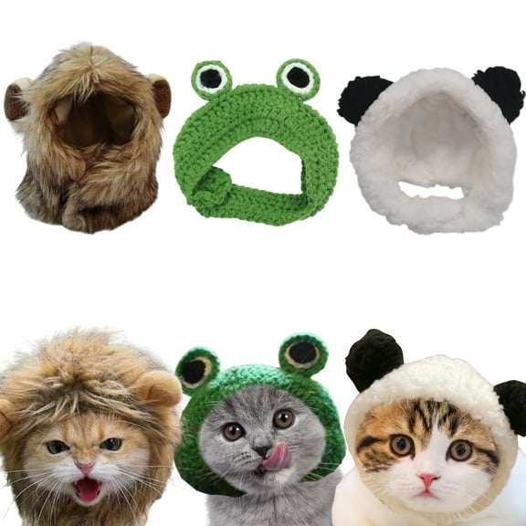 3pcs Funny Cat Hats Set – Lion, Panda, and Frog Costume for Cats, Adjustable Soft Plush and Knitted Pet Headwear, Washable Cute Animal Costume Accessories for Cats and Small Pets (3 Pack, 1.6 oz)