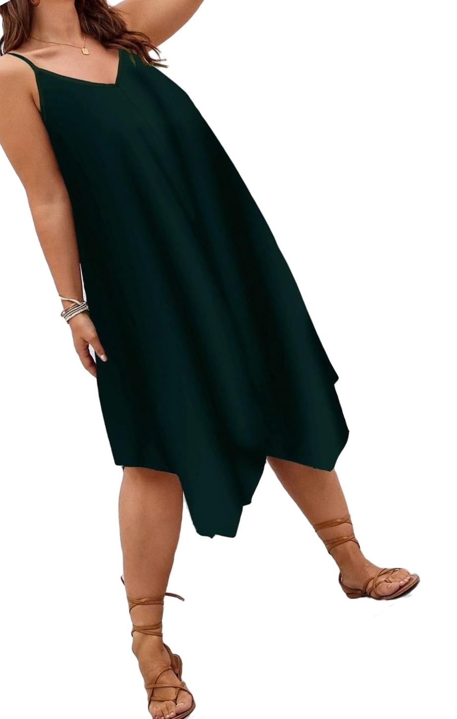 Womens Plus Size Dresses Casual Plain Sleeveless Cami Dark Green 2XL